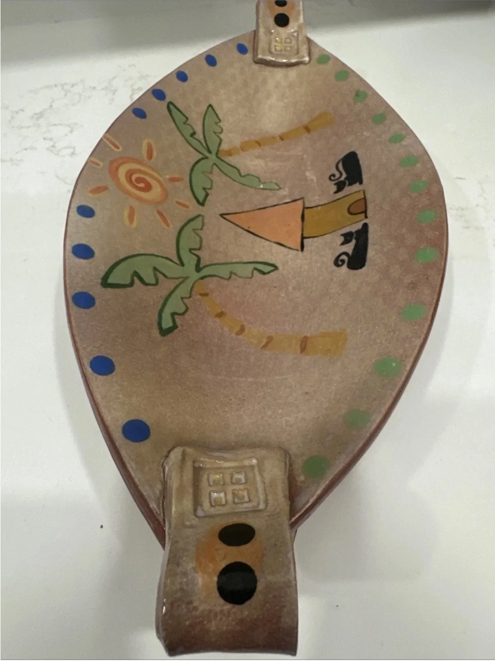 Hand Painted Oblong Pottery Dish Sun Palm Trees Cats Folk Art